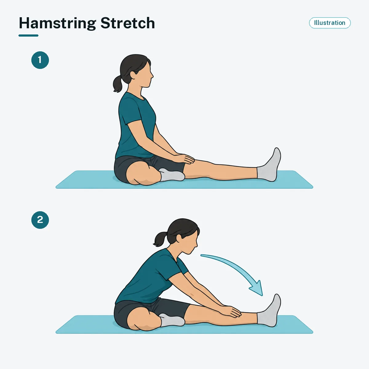 A person sitting with one leg straight leans forward from the hips and reaches toward the toes.