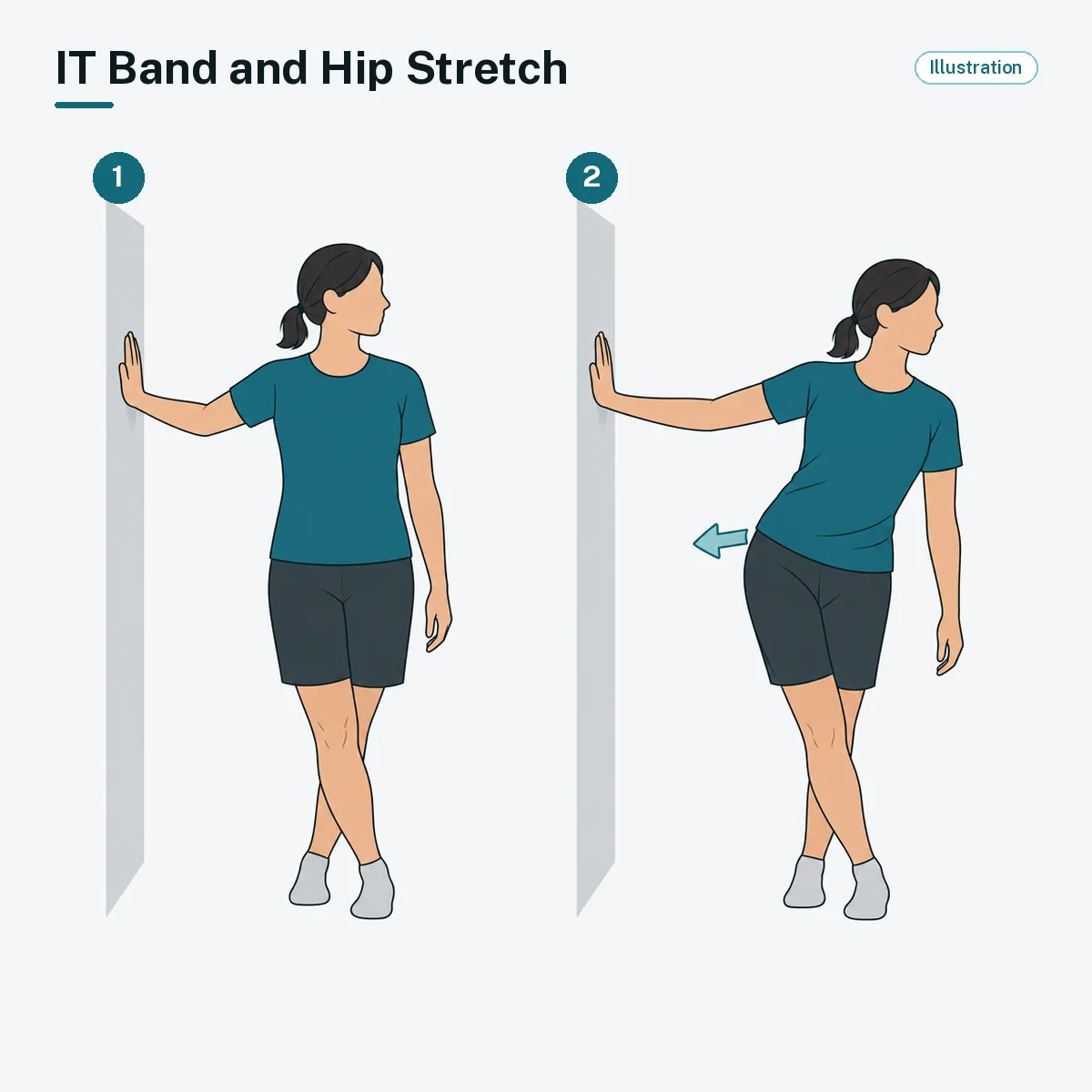 A standing person with one leg crossed behind the other leans the hips to the side.