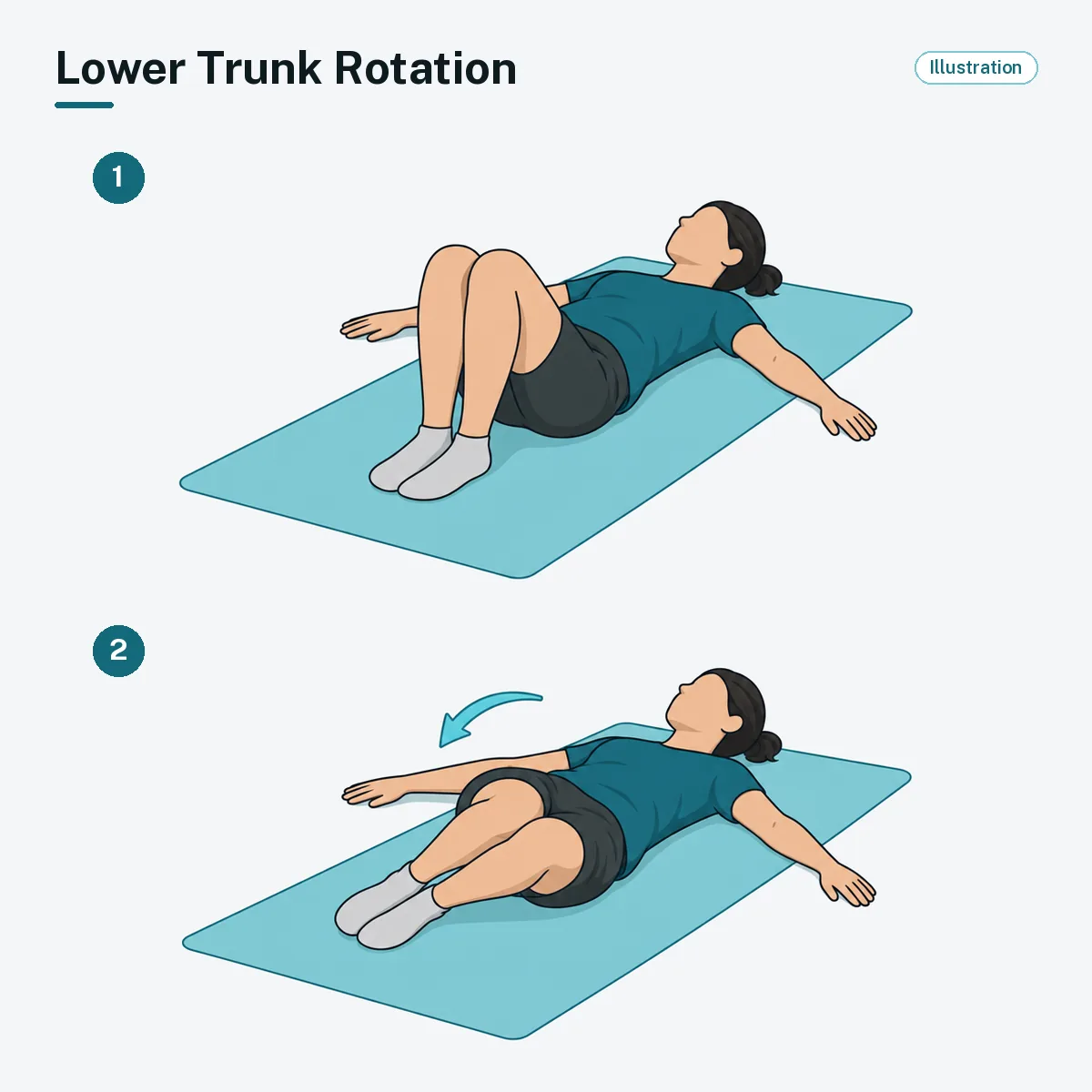 A person lying on their back with knees bent and together lets both knees lower gently to one side.