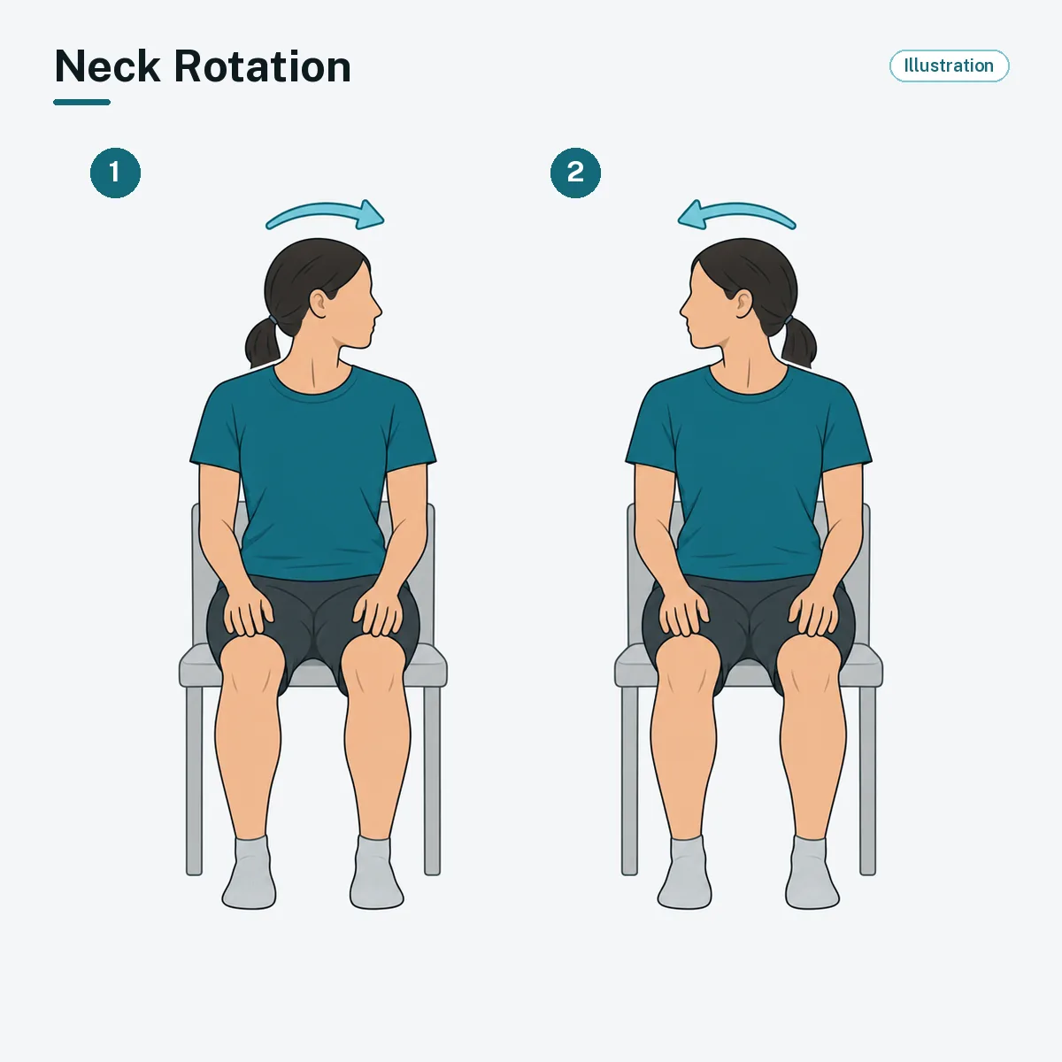 A seated person turns the head to look over one shoulder, then the other.