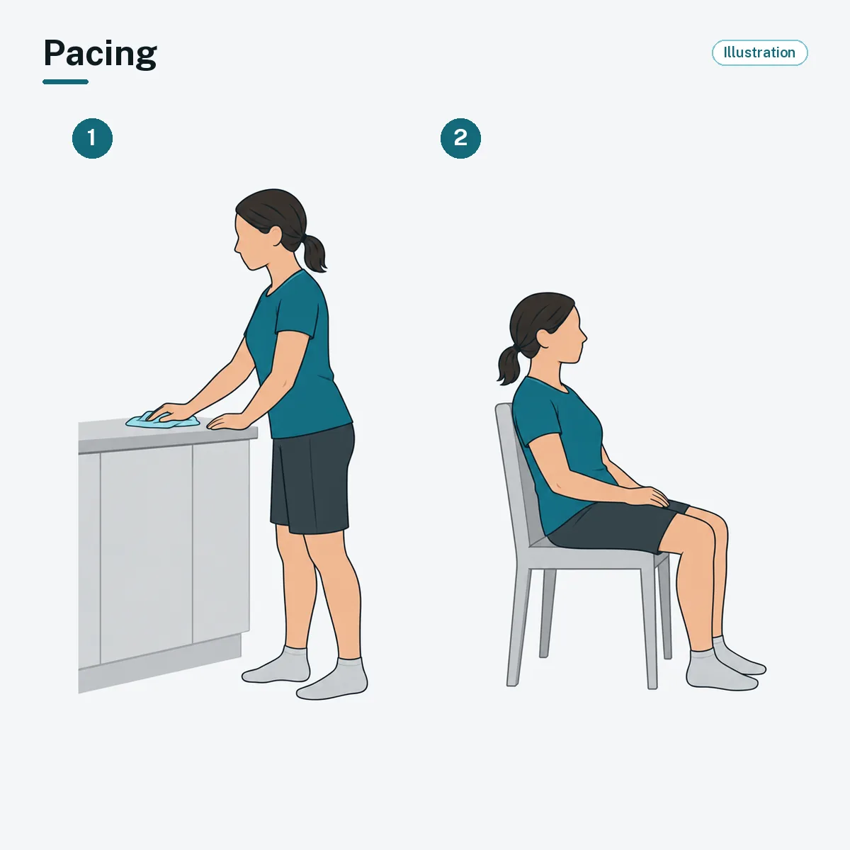 A person does a light household task, then sits to rest.