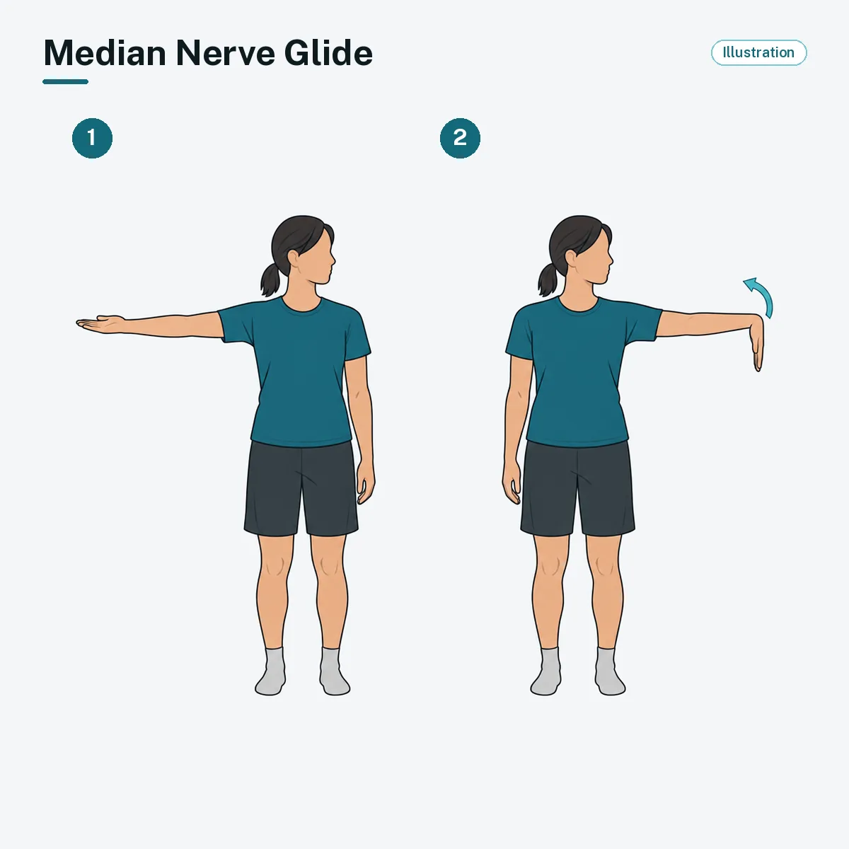 A standing person holds one arm out to the side with the palm up, then gently bends the wrist back.