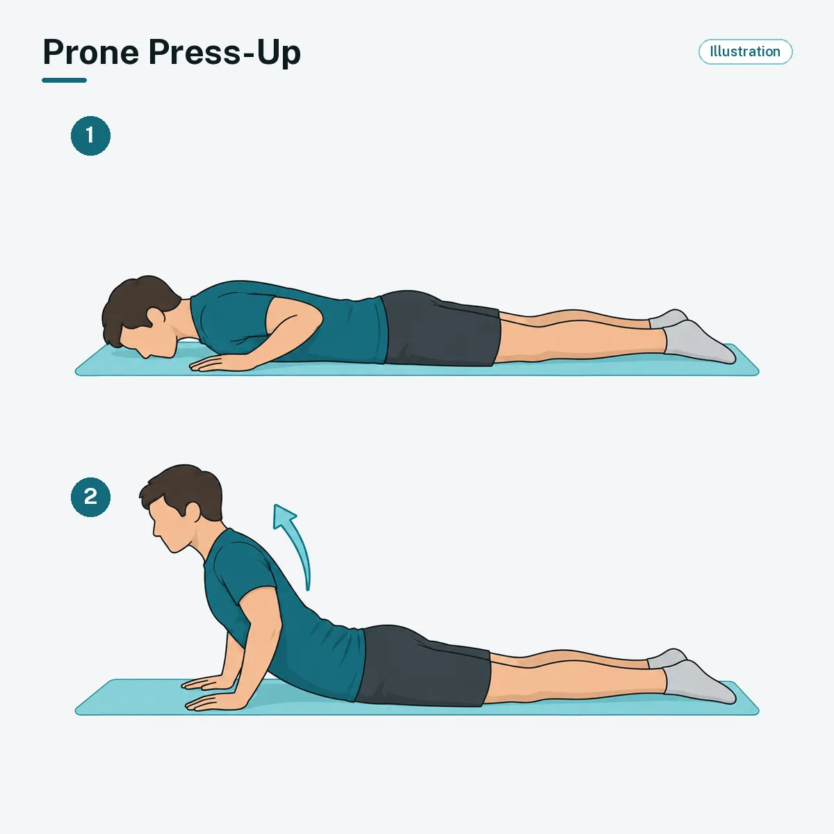 A person lying face down gently presses the upper body up on their hands while the hips stay on the mat.