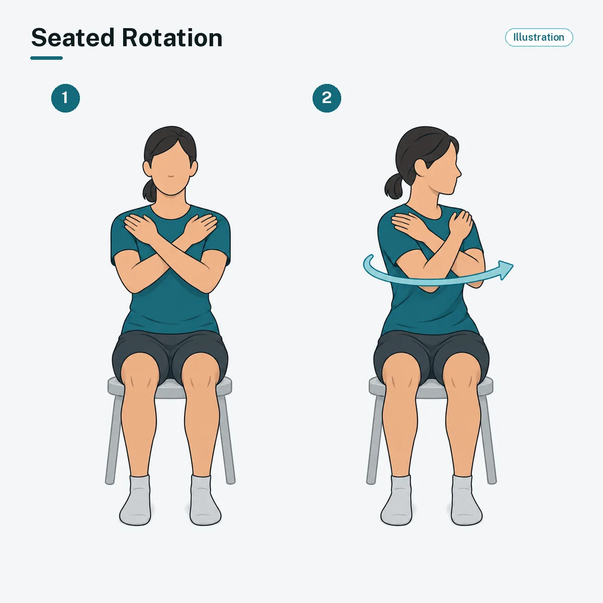 A seated person with arms crossed turns the upper body to one side.