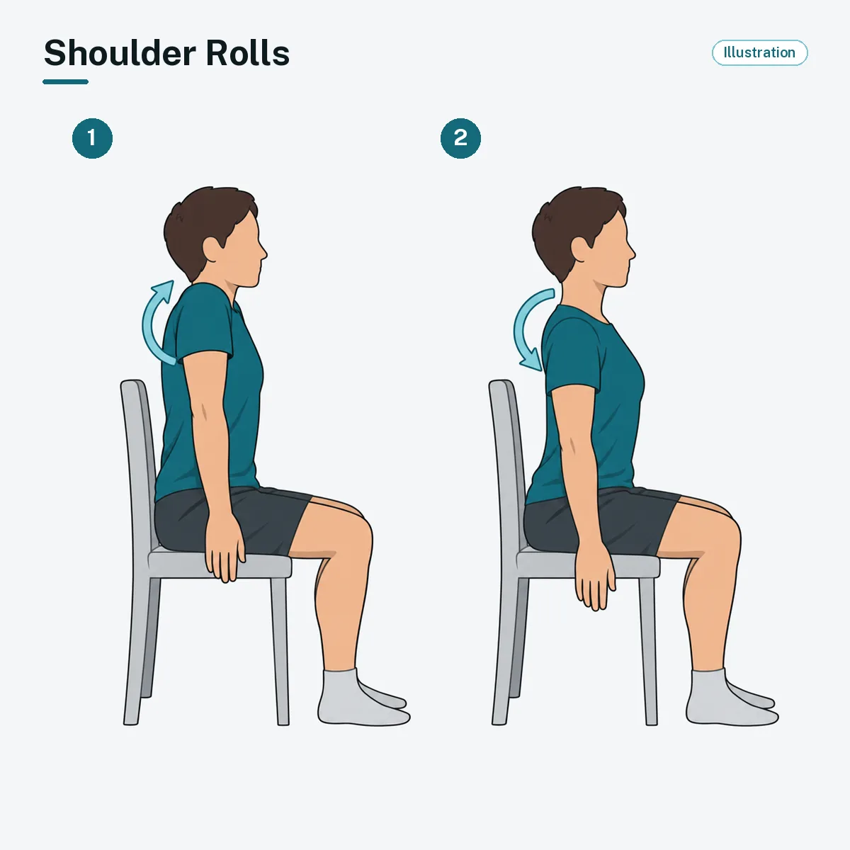 A seated person shrugs the shoulders up, then rolls them back and down.