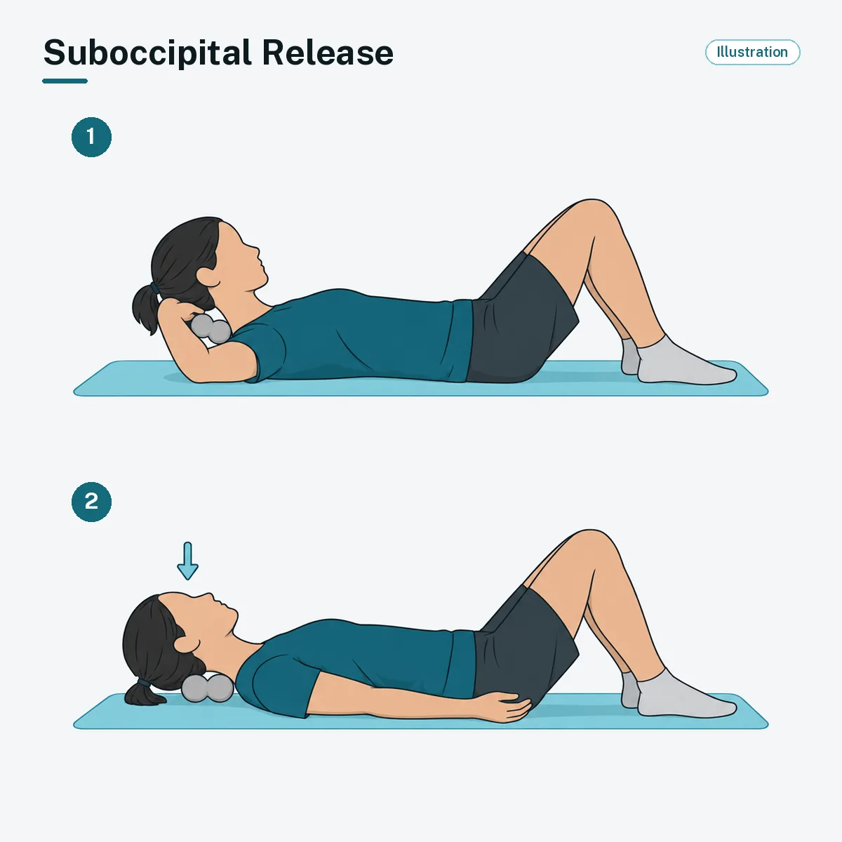 A person lying on their back rests the base of the skull on two small balls.