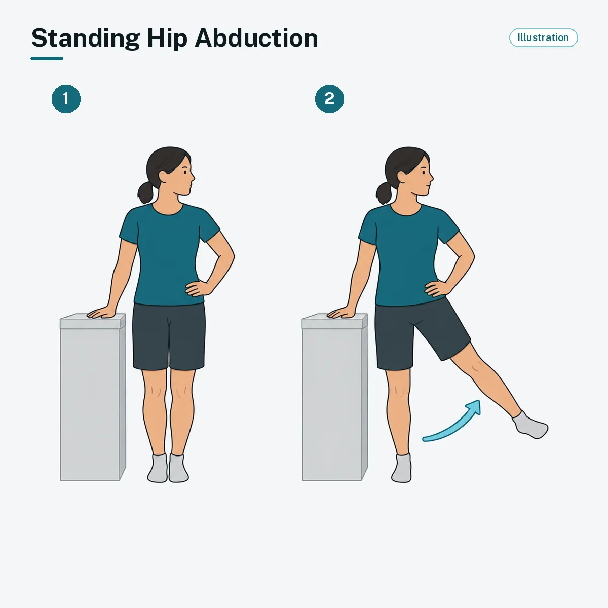 A person holding a counter lifts one straight leg out to the side.