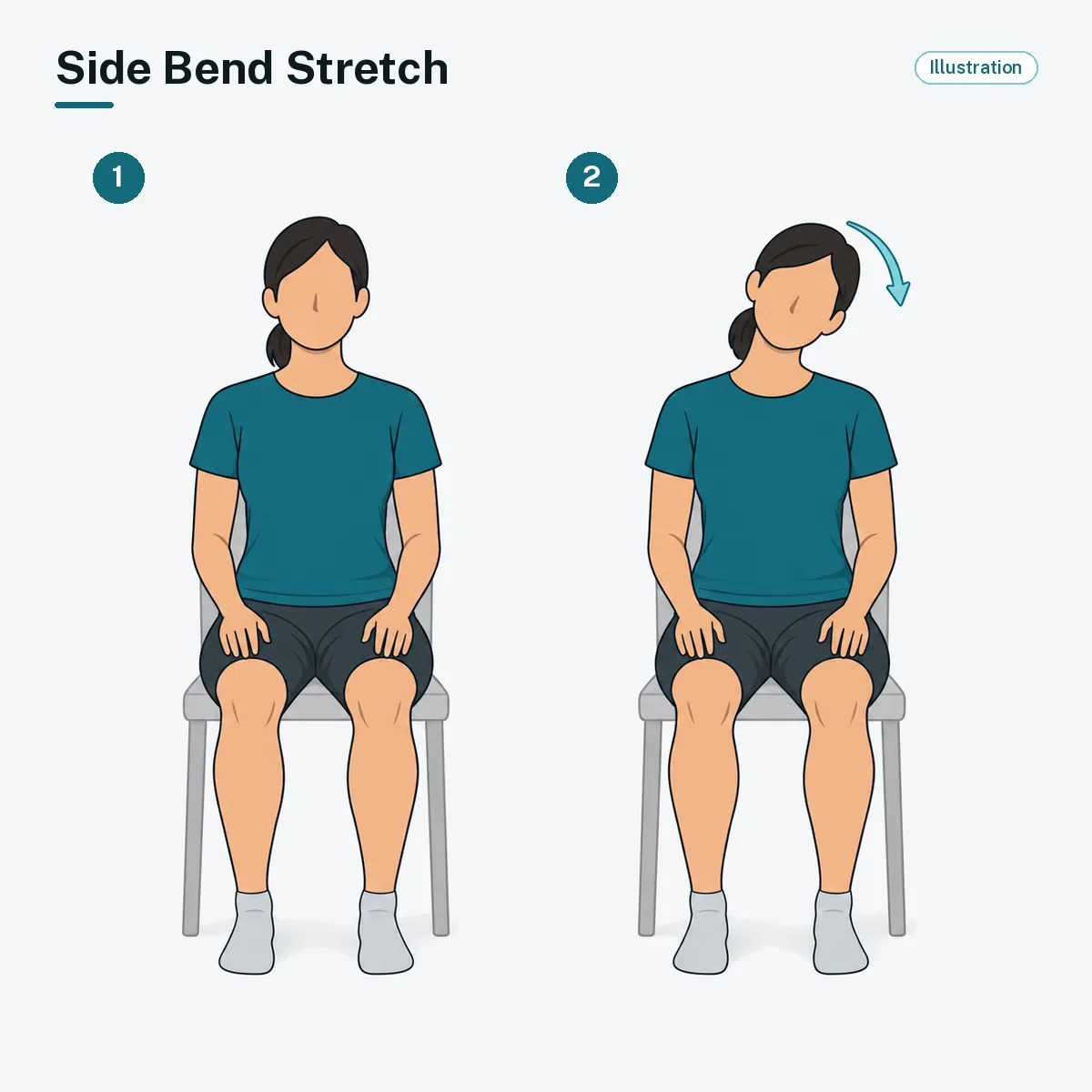 A seated person tilts the head so one ear moves toward the shoulder.