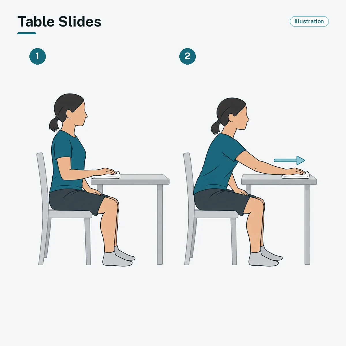 A seated person slides one hand forward along a table on a towel.