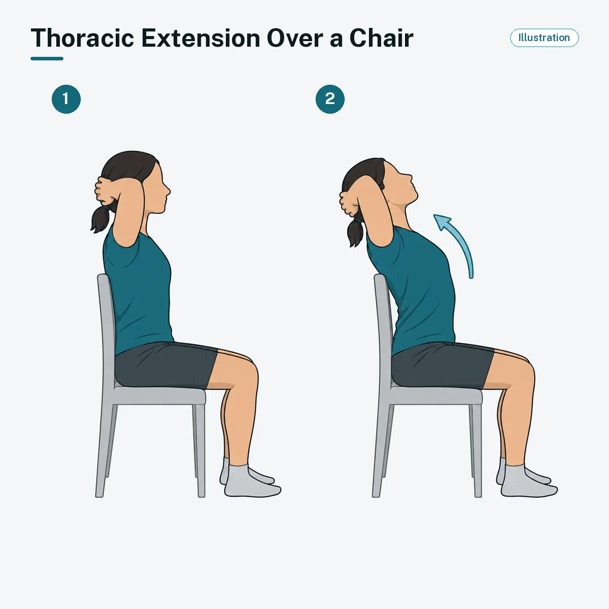 A seated person with hands behind the head gently arches the upper back over the top of the chair back.