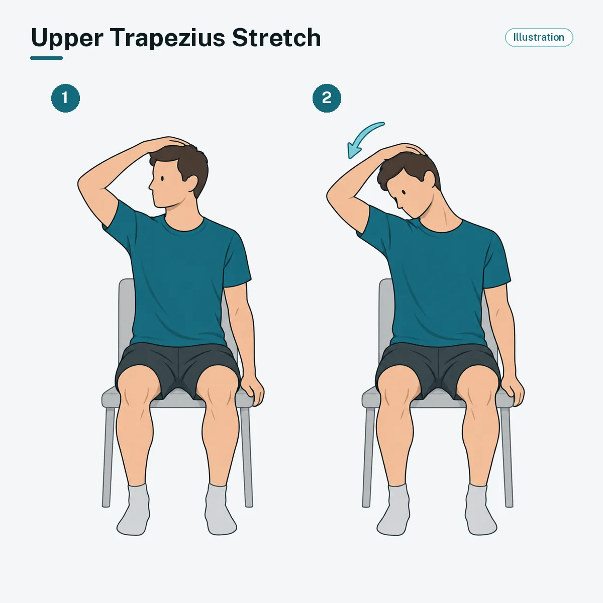 A seated person tilts the head toward one shoulder, with that side's hand resting lightly on the head.