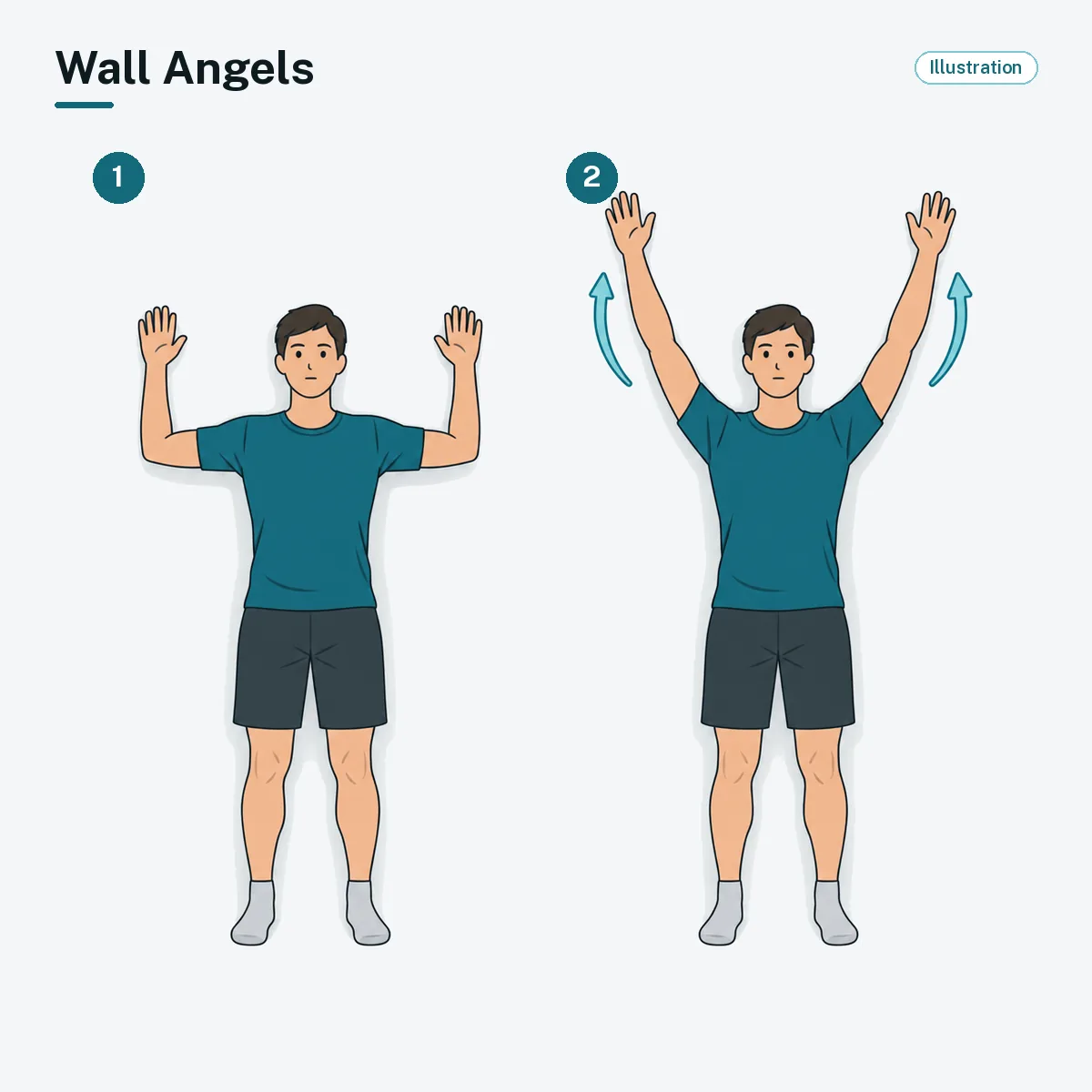 A person standing with their back to a wall slides the arms up from a goal-post position to overhead.