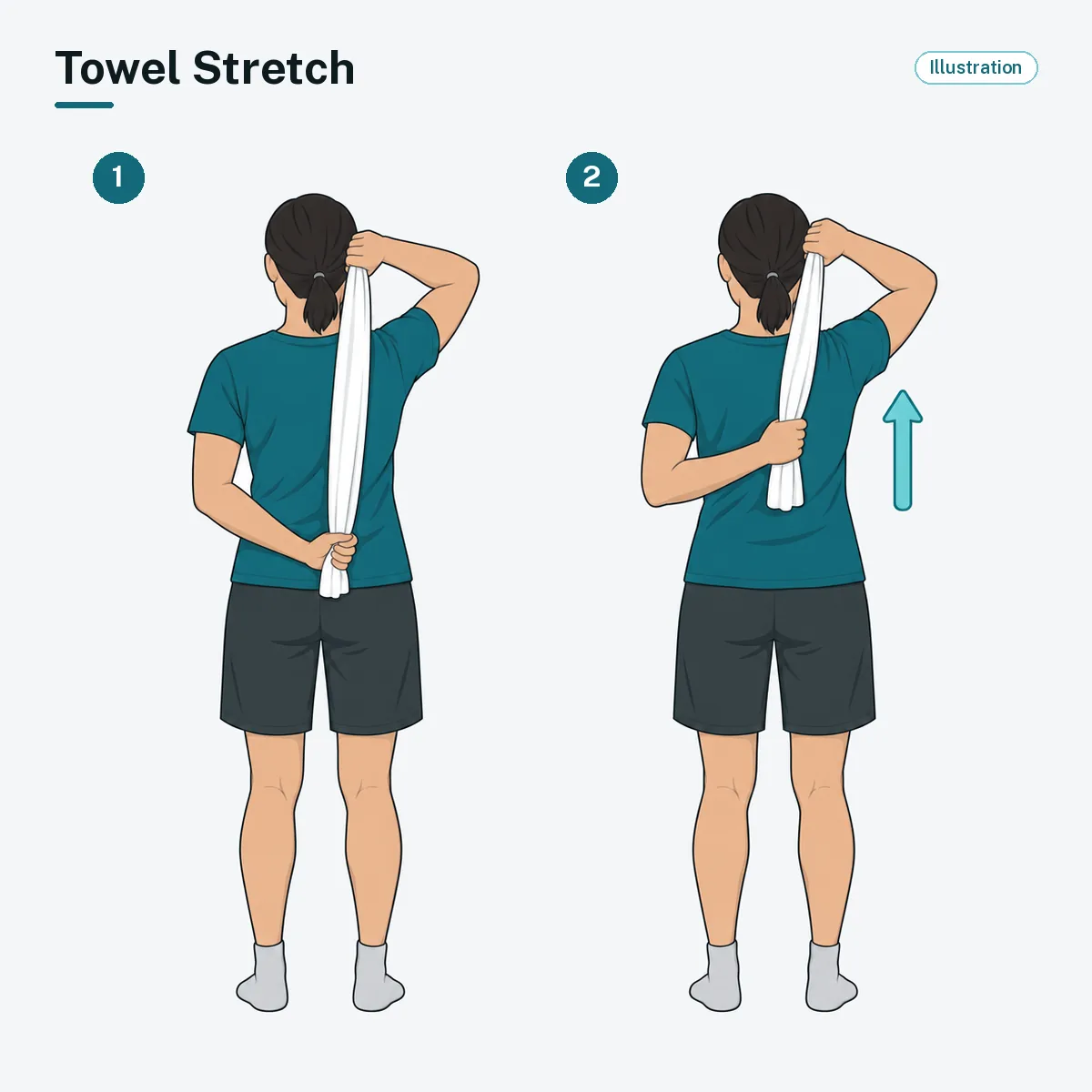 A standing person holding a towel behind the back pulls it up with the top hand.