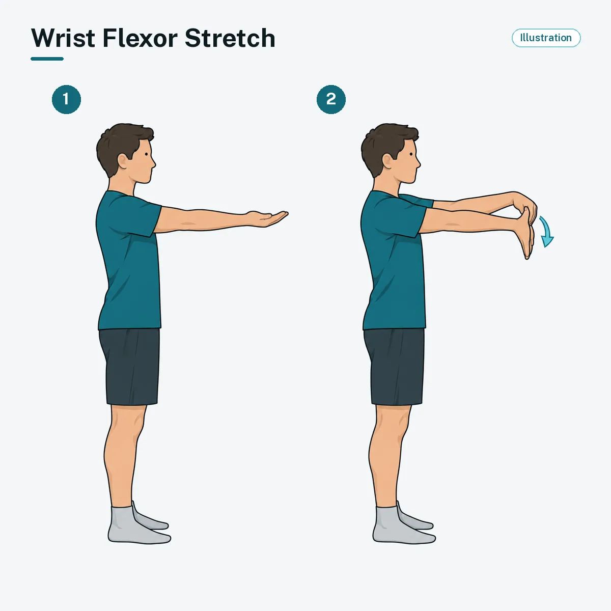 A standing person holds one arm forward and gently pulls the fingers back with the other hand.
