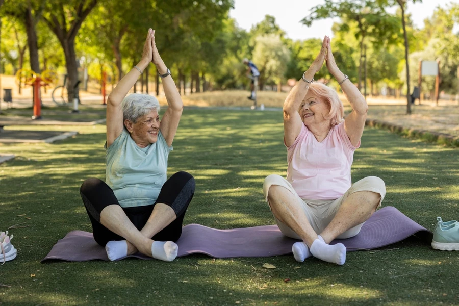 Two elderly female friends enjoying retirement