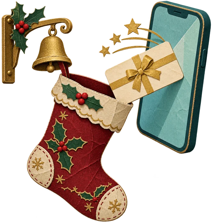A Christmas stocking with a gift card arriving from a phone beside it.