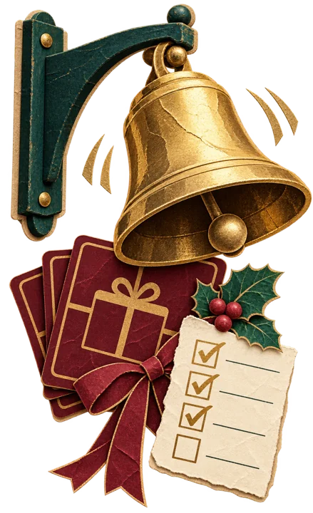 A pub bell above gift cards and a nearly completed checklist.