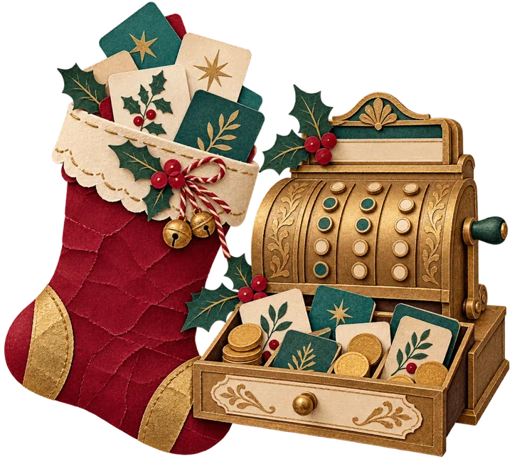 A paper stocking stuffed with gift cards beside a vintage till with its drawer full.