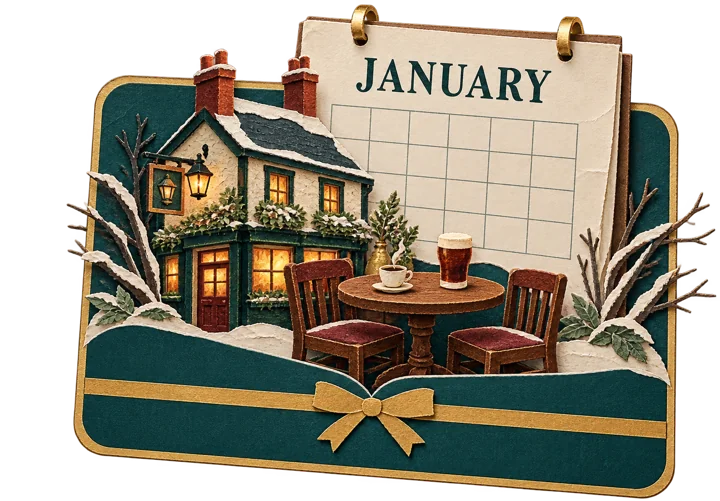 A January calendar behind a gift card, with a cosy pub popping out in front.