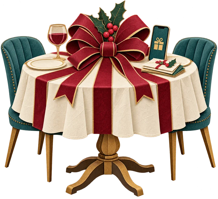 A restaurant table wrapped like a present, with a phone showing a digital gift.