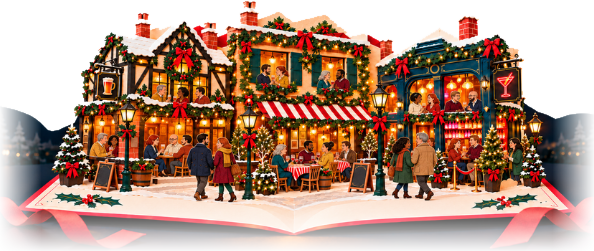 A festive pop-up book of busy, snowy hospitality venues.