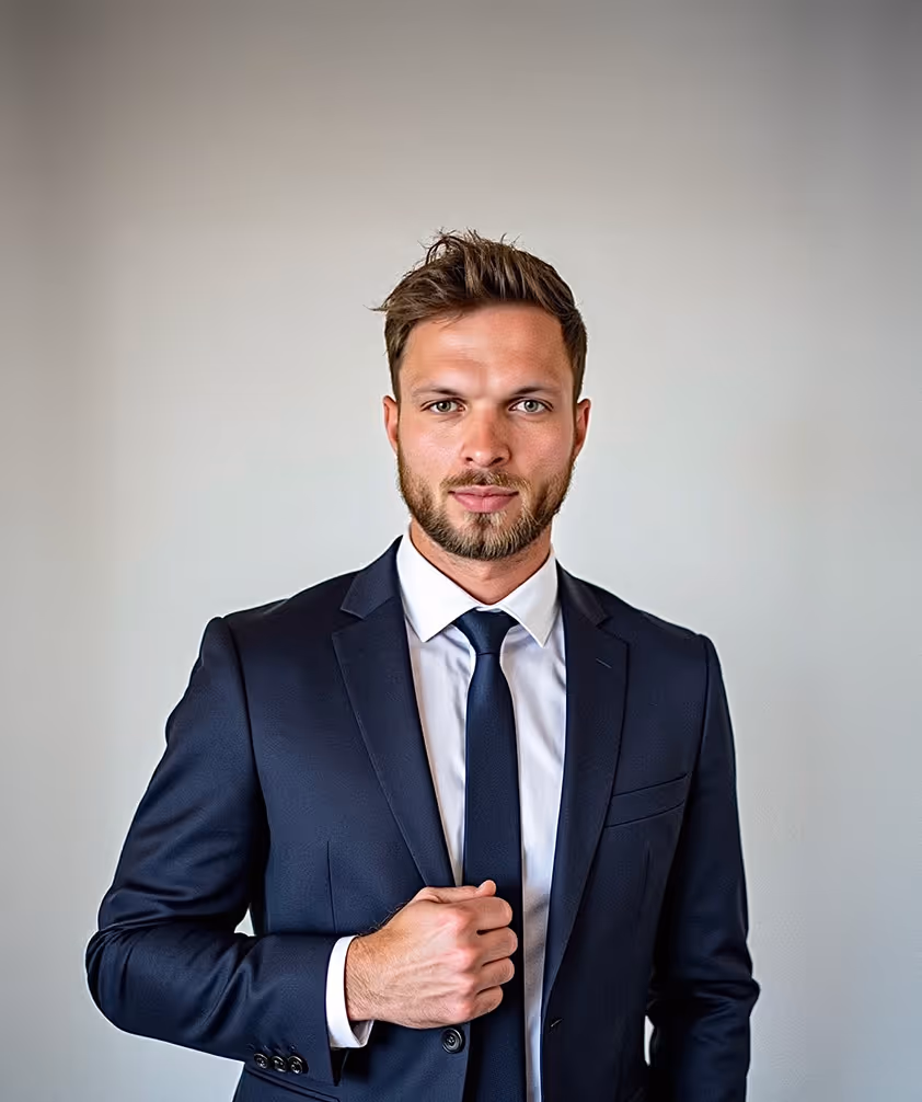 Business-Portrait eines Teammitglieds von Request Solutions im Anzug vor neutralem Hintergrund – seriös, modern und professionell.