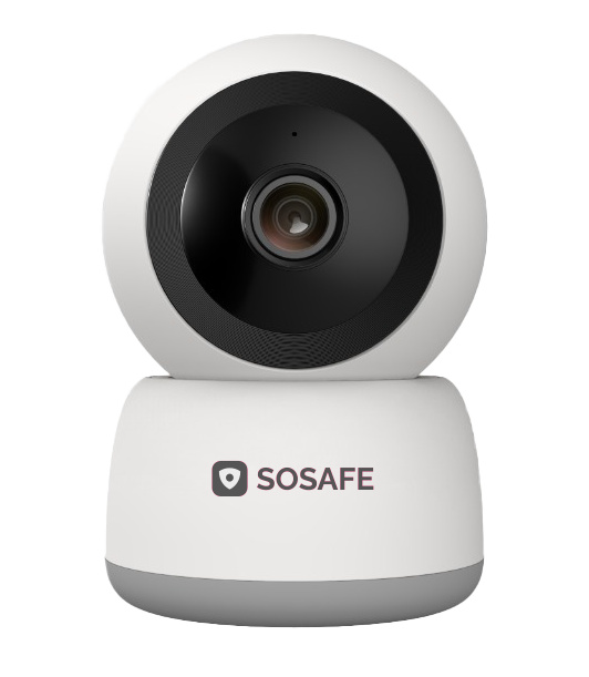 Cámara de seguridad SOSAFE blanca con una lente redonda negra y una base gris.