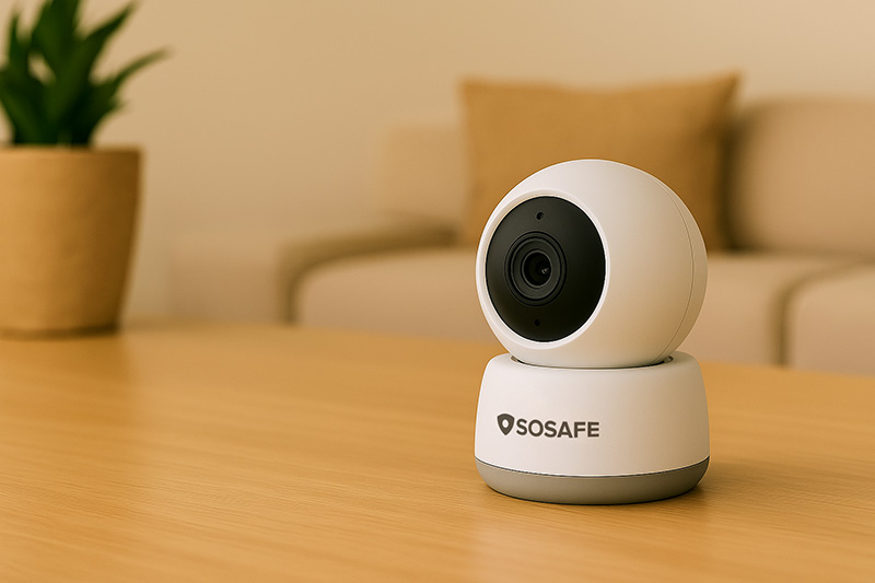 Cámara de seguridad SOSAFE blanca colocada sobre una mesa de madera, con una planta borrosa y un sofá al fondo.