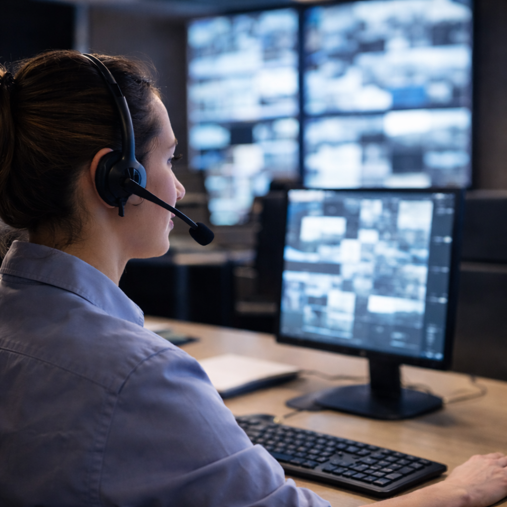 Una mujer con auriculares supervisa las imágenes de varias cámaras de seguridad en las pantallas de un ordenador en la sala de control.