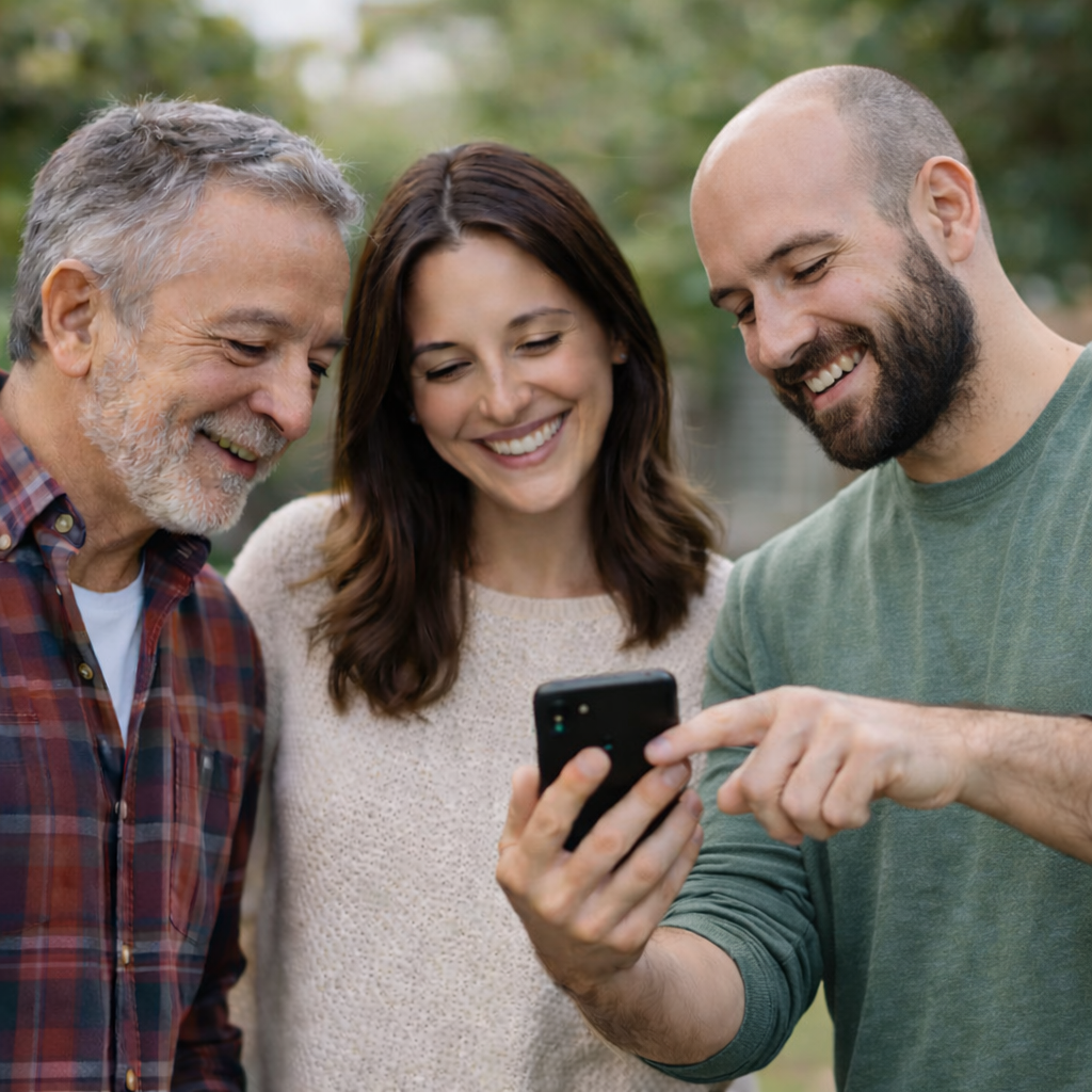 Una mano sostiene un smartphone en el que se ven las alertas de detección de movimiento de una aplicación de cámaras de seguridad domésticas, junto a una cámara de seguridad SOSAFE blanca colocada sobre una superficie de madera.