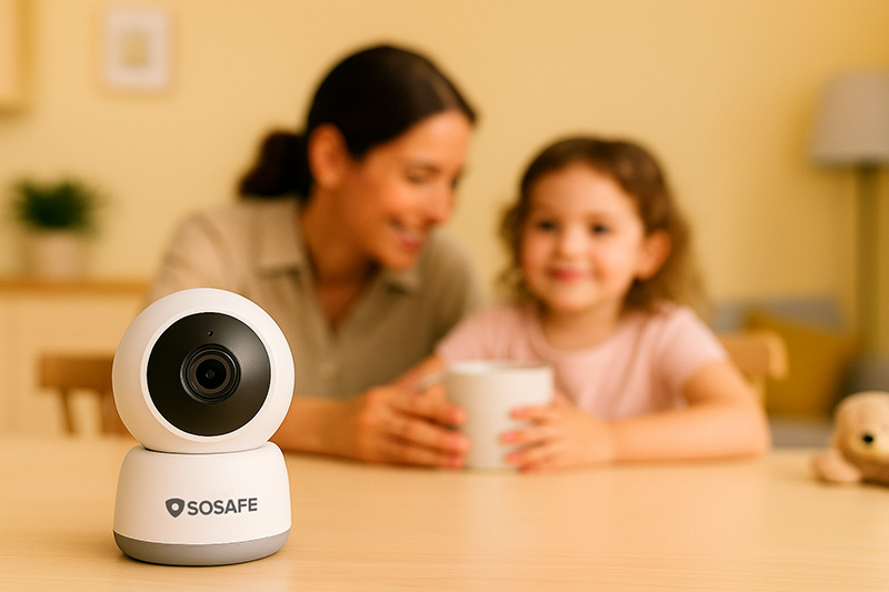 Una mano sostiene un smartphone en el que se ven las alertas de detección de movimiento de una aplicación de cámaras de seguridad domésticas, junto a una cámara de seguridad SOSAFE blanca colocada sobre una superficie de madera.