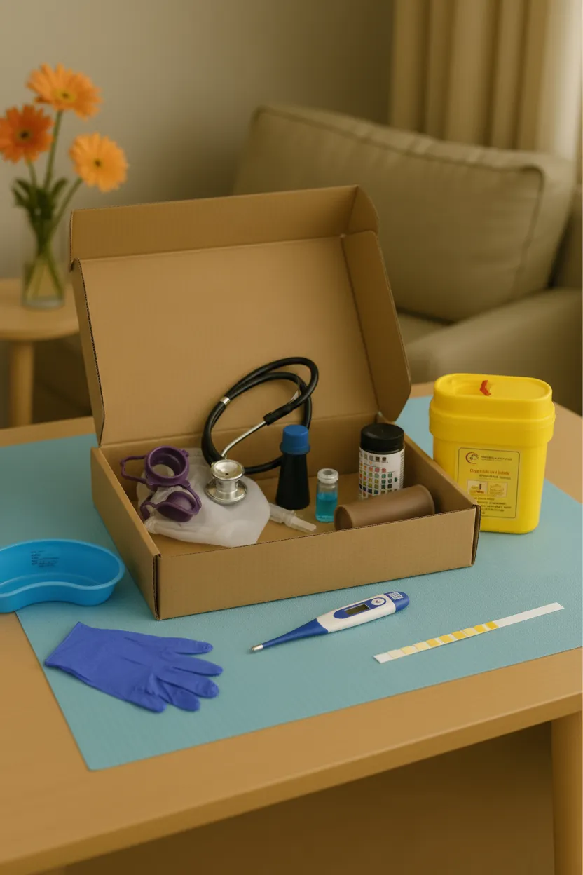 Open cardboard box on a light wooden table with various medical training items arranged neatly inside and around it. Visible items include a stethoscope, reservoir bag, blue dye bottle, small vial, reagent bottle, yellow sharps container, blue kidney dish, blue nitrile gloves, digital thermometer, and a reagent test strip. The table is covered with a light blue work surface cover. In the background, there’s a beige couch, cream curtains, and a side table with a clear vase holding three orange Gerbera daisies.