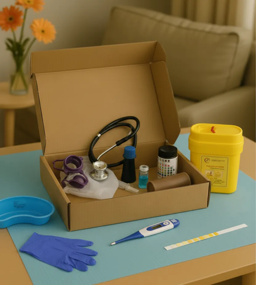 Open cardboard box on a light wooden table with various medical training items arranged neatly inside and around it. Visible items include a stethoscope, reservoir bag, blue dye bottle, small vial, reagent bottle, yellow sharps container, blue kidney dish, blue nitrile gloves, digital thermometer, and a reagent test strip. The table is covered with a light blue work surface cover. In the background, there’s a beige couch, cream curtains, and a side table with a clear vase holding three orange Gerbera daisies.