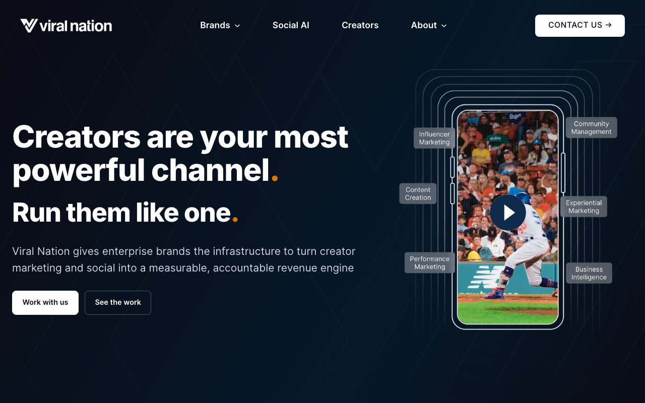 Viral Nation homepage, global full-service influencer marketing agency