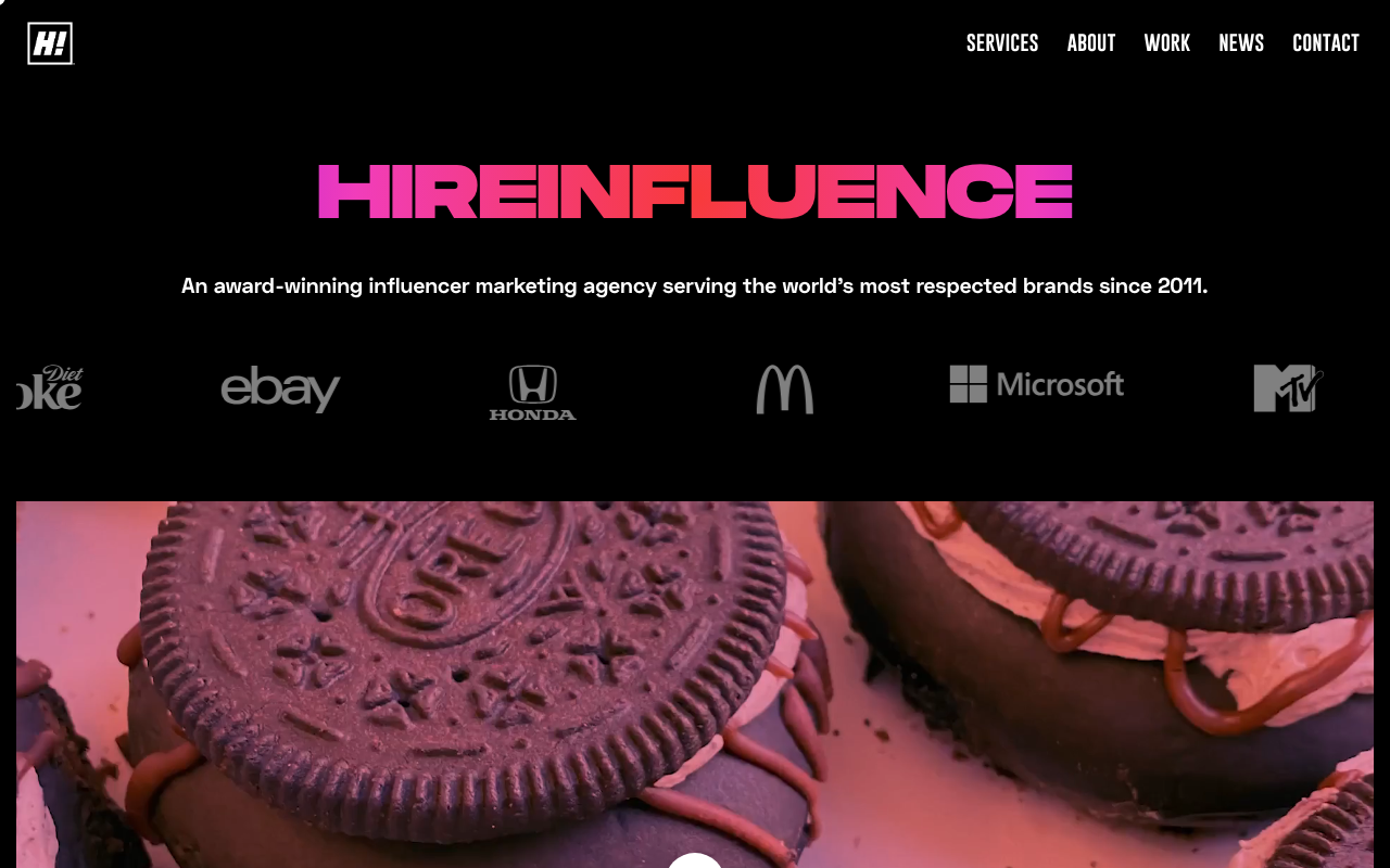 HireInfluence homepage, experiential influencer marketing agency
