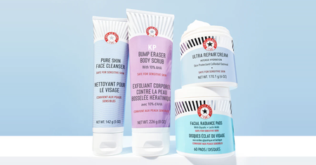 First Aid Beauty product lineup: Pure Skin Face Cleanser, KP Bump Eraser Body Scrub, Ultra Repair Cream, and Facial Radiance Pads