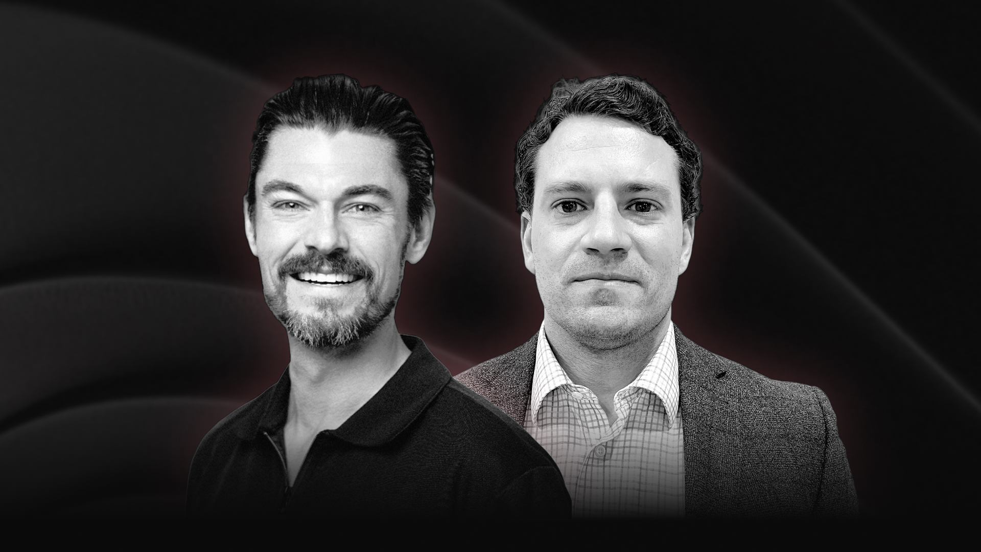 Two men pictured in front of a dark background