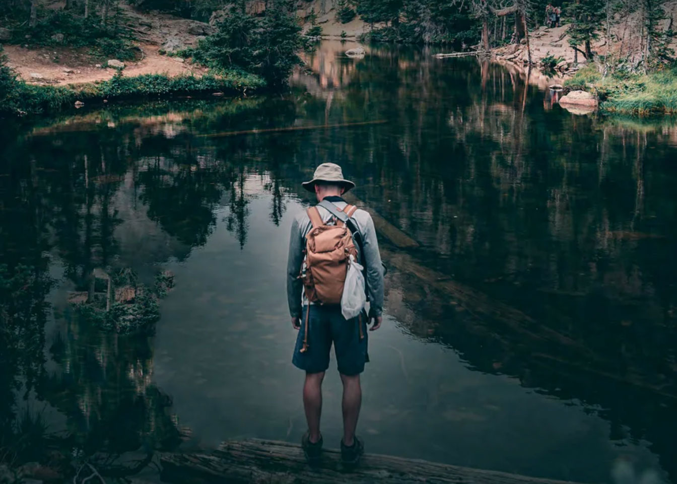 A mountain scene with a hiker looking out onto a lake