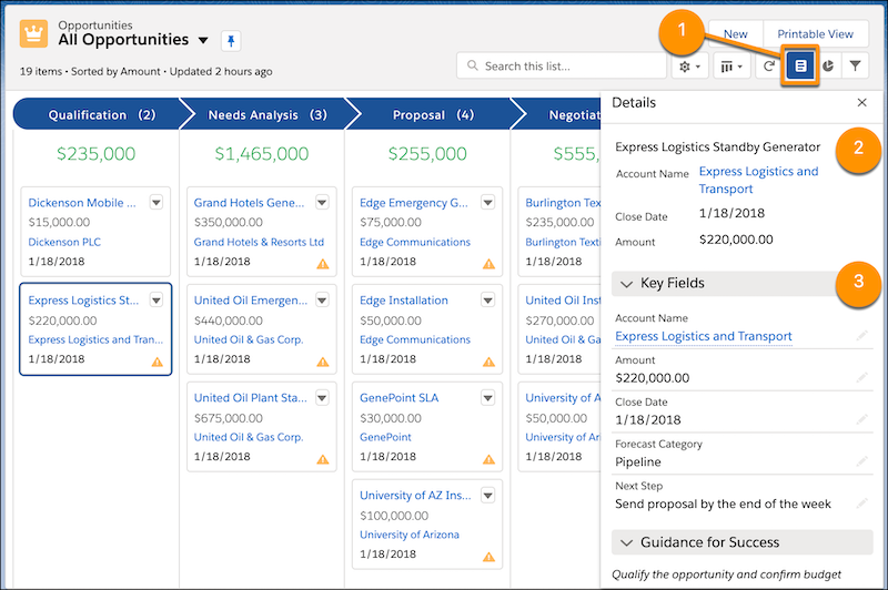 Screenshot showing the new Summer '20 feature related to Kanban List Views. You can now display the fields from the compact layout and key fields and guidance for success from the path.