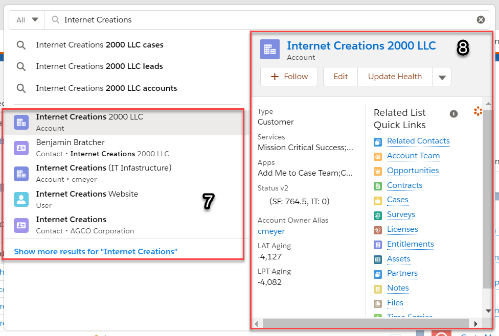 Screenshot showing Einstein Search with the keyword "Internet Creations" typed into the global search.