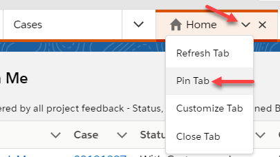 Screenshot showing how to pin a tab in the Lightning Console App.