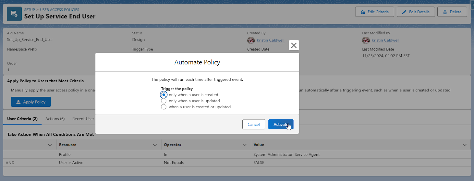 a screenshot from Salesforce showing the steps to set user access policy when a user is created.