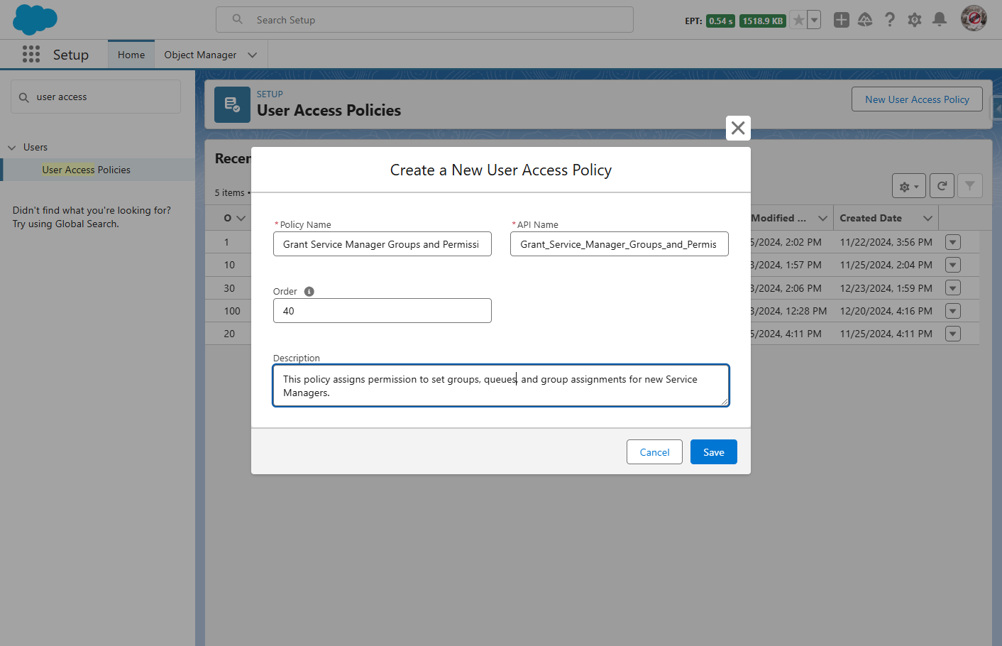 a screenshot from Salesforce to create a new User Access Policy