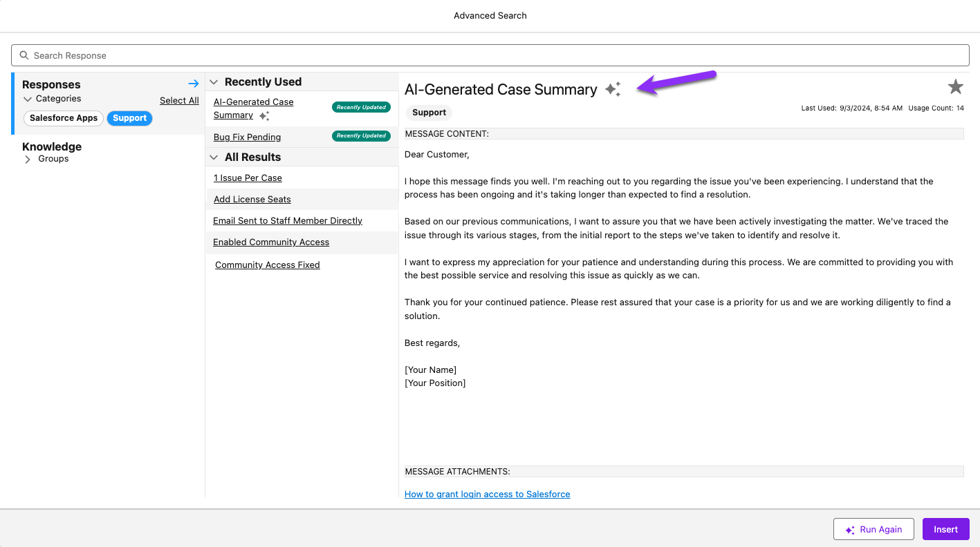 A screenshot showing the Intelligent Responses feature of Email to Case Premium, an app for Case Management for Salesforce by Vicasso.