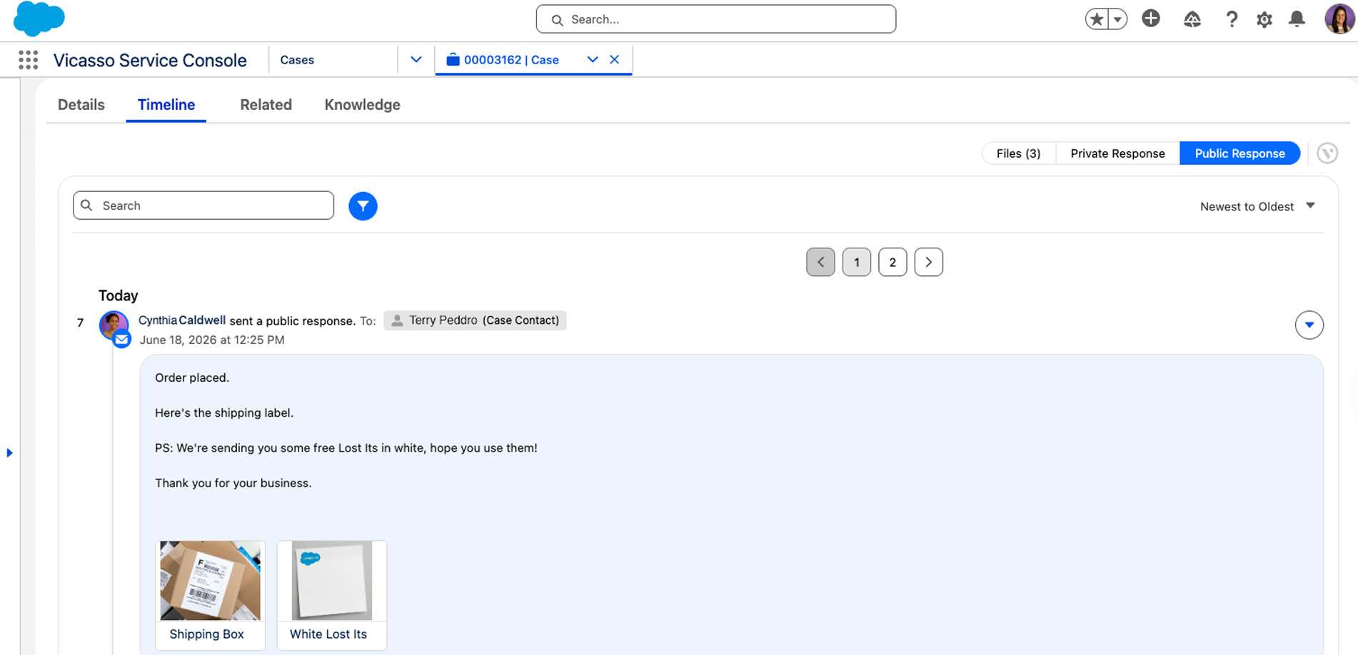 Screenshot of Vicasso's Email to Case Premium app for Salesforce. The image shows the Timeline.