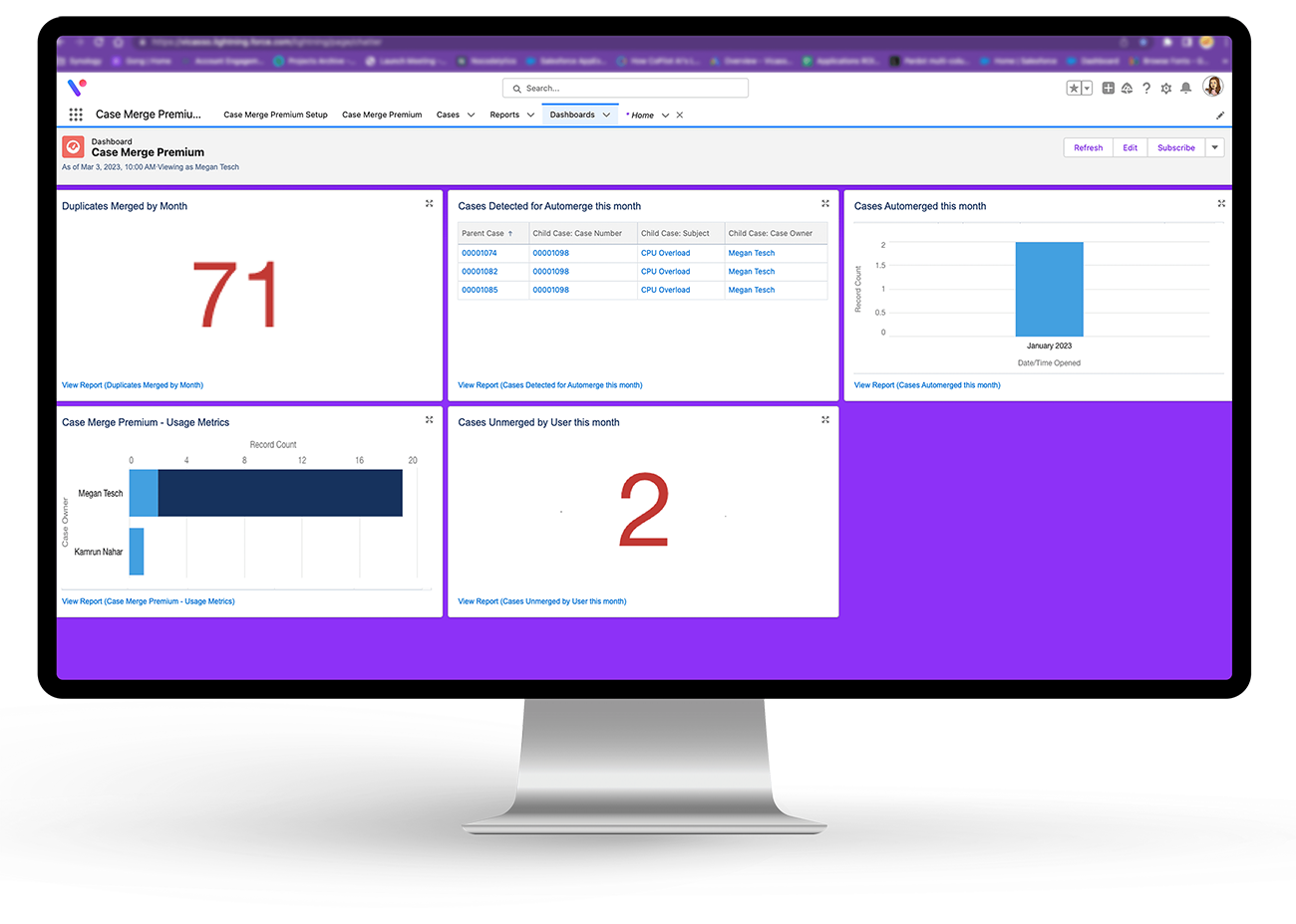 A screenshot of Vicasso's Case Merge Premium app for Salesforce.