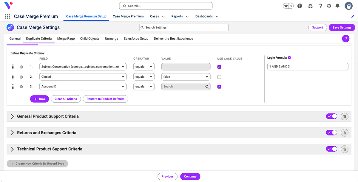 A screenshot of the duplicate criteria settings available in Vicasso's Case Merge Premium app for Salesforce.