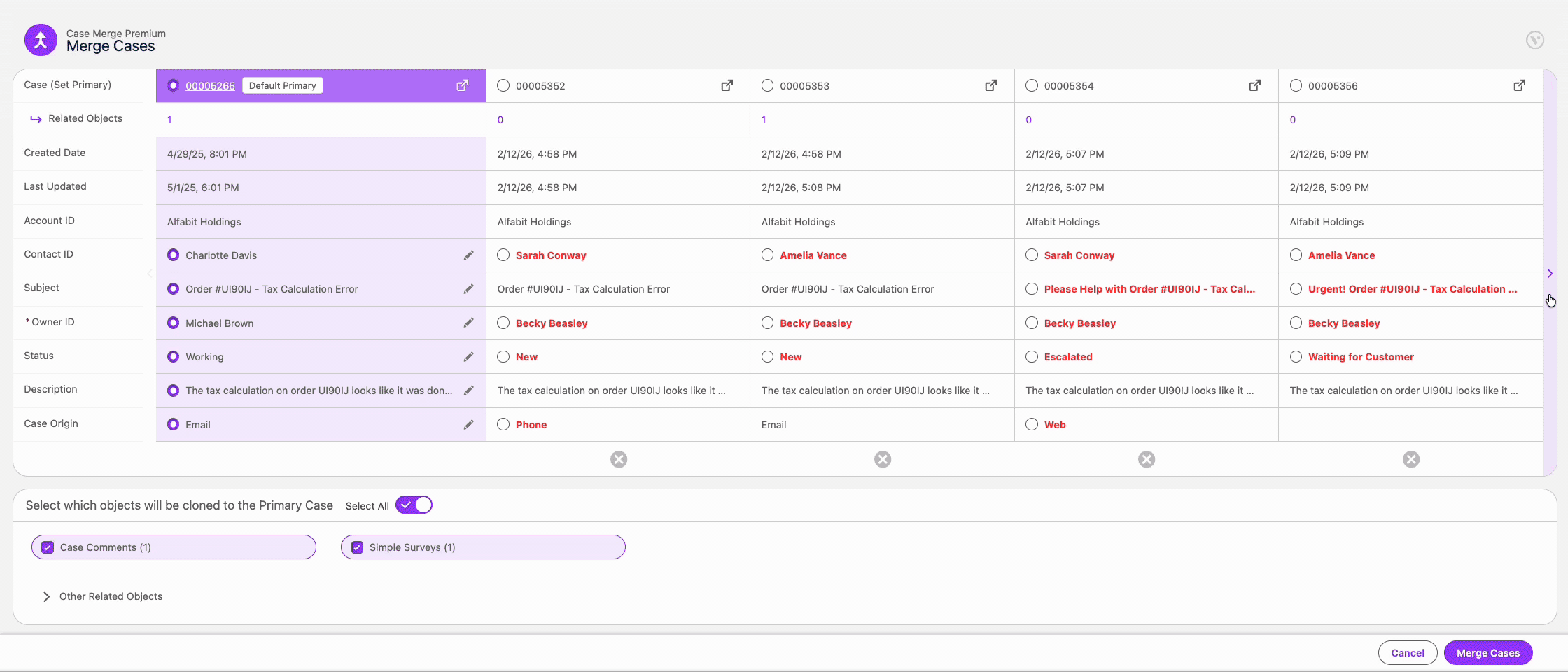 A screen recording of Vicasso's Case Merge Premium app merging 6 duplicate cases.