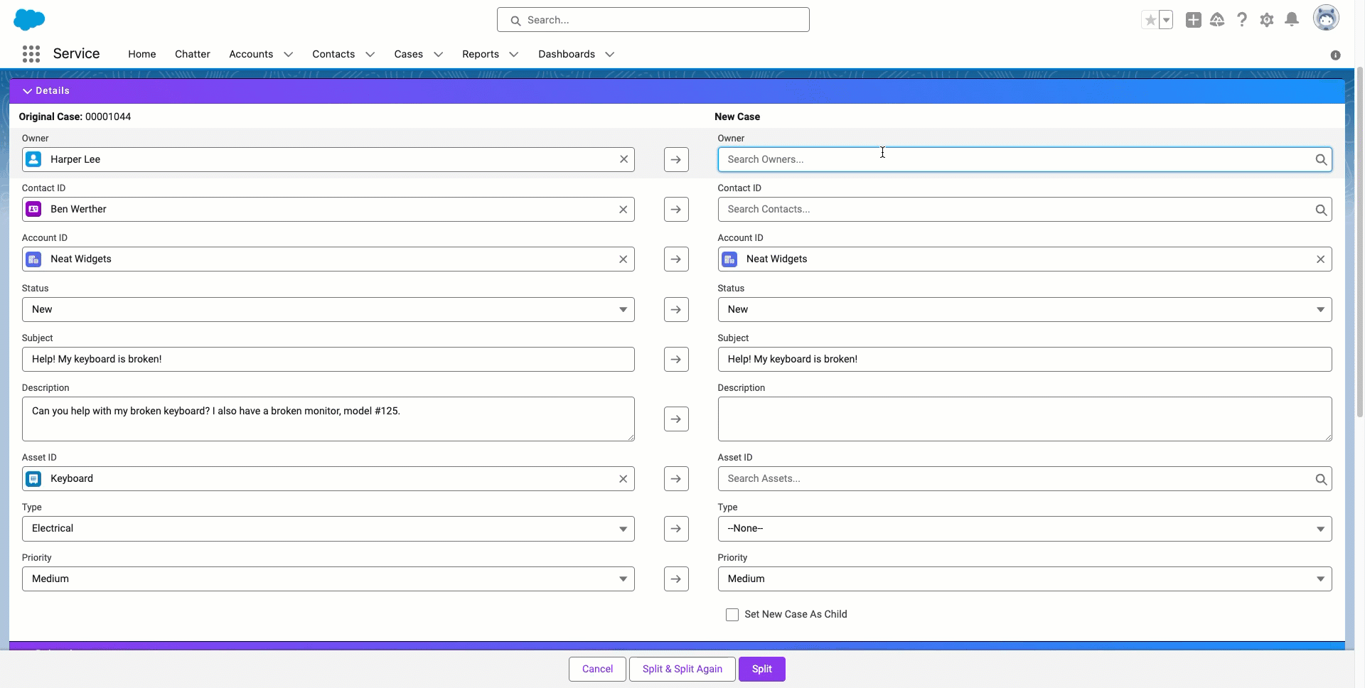 An animated gif of Vocasso's Case Split app easily splitting a case into a new or existing case.