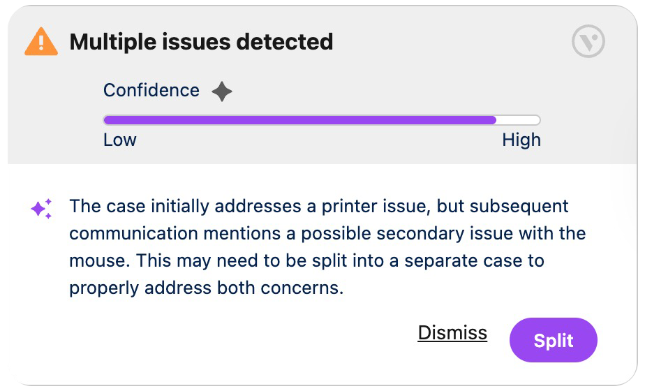 a screenshot of Vicasso's Case Split app for Salesforce showing the page component that alerts the user to multiple issues in a case, and to split the case.